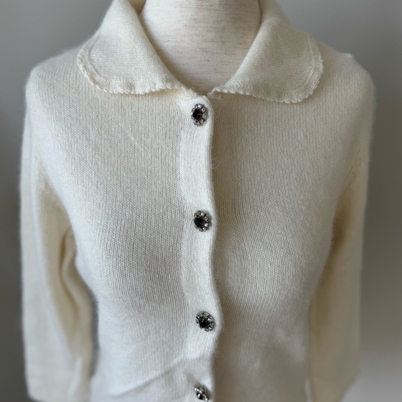 Ann Taylor Angora Rabbit Hair Lambswool Cropped Sleeve Jeweled Button Cardigan - Picture 4 of 8